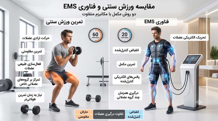 تصویر مقایسه ورزش سنتی و تمرین EMS برای تحریک عضلات